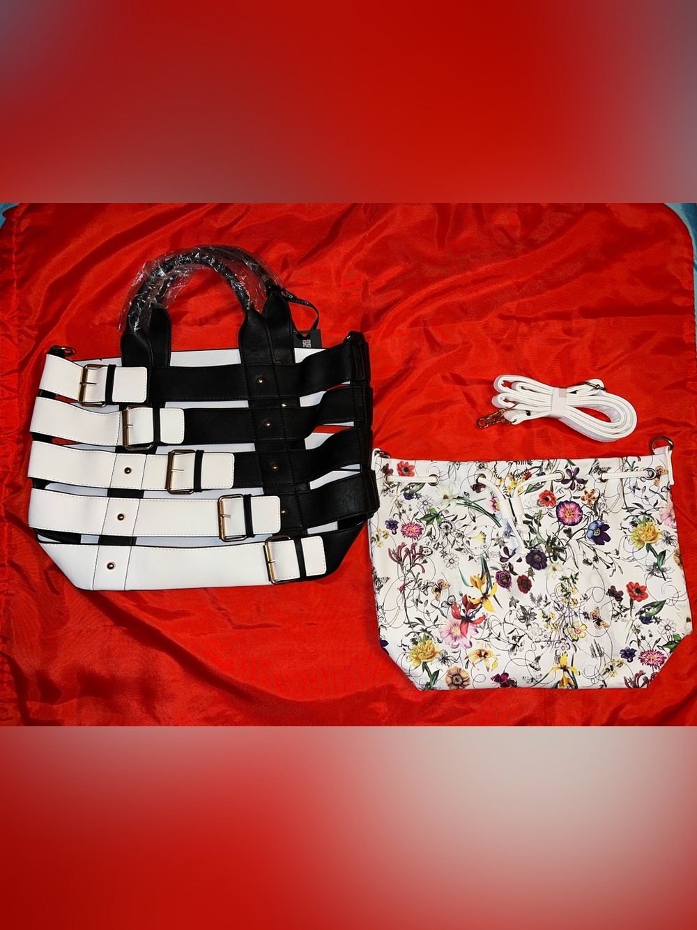 NEW Dasein Vegan Leather Bag w/ Floral Liner - 2 Bags In One - 17” x 18”